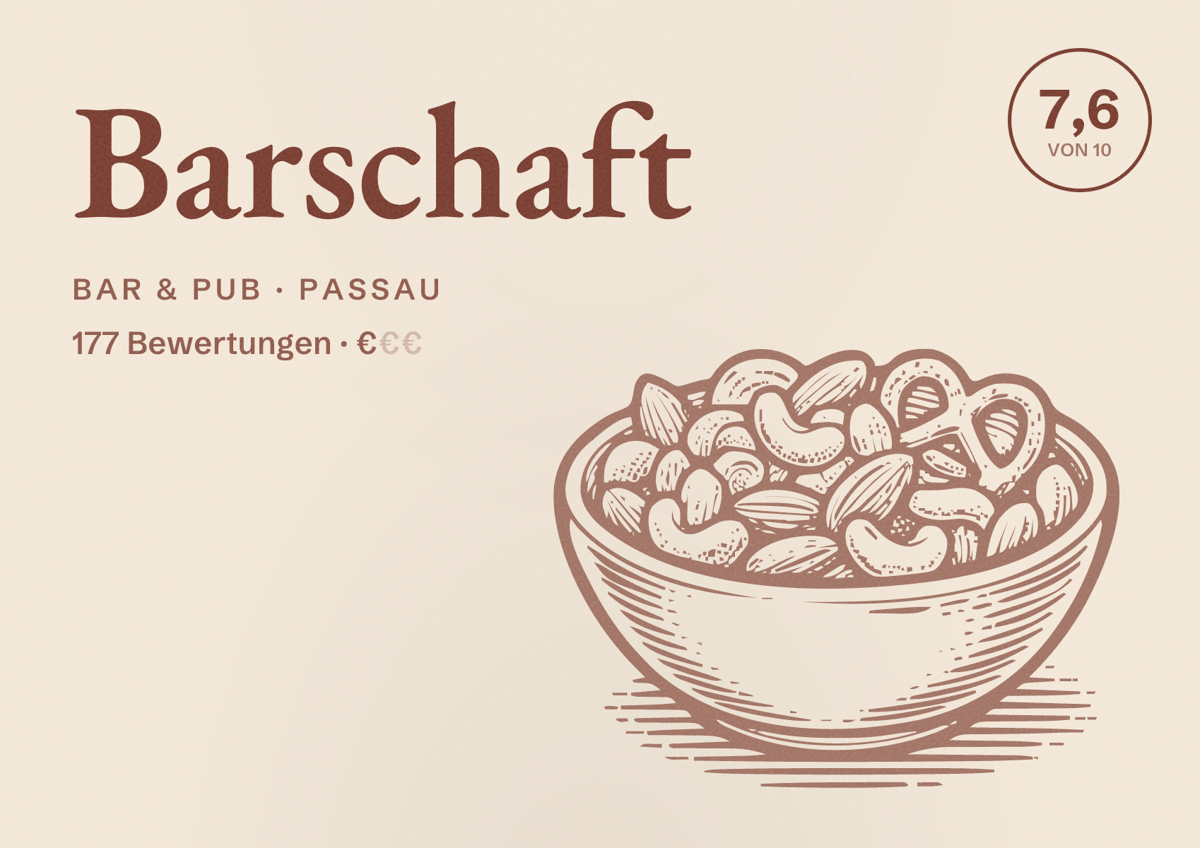 Illustriertes Poster von Barschaft, Bar & Pub in Passau: Bewertung 7,6 von 10 aus 177 Bewertungen, Preisniveau €