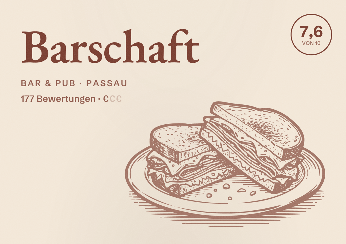 Illustriertes Poster von Barschaft, Bar & Pub in Passau: Bewertung 7,6 von 10 aus 177 Bewertungen, Preisniveau €