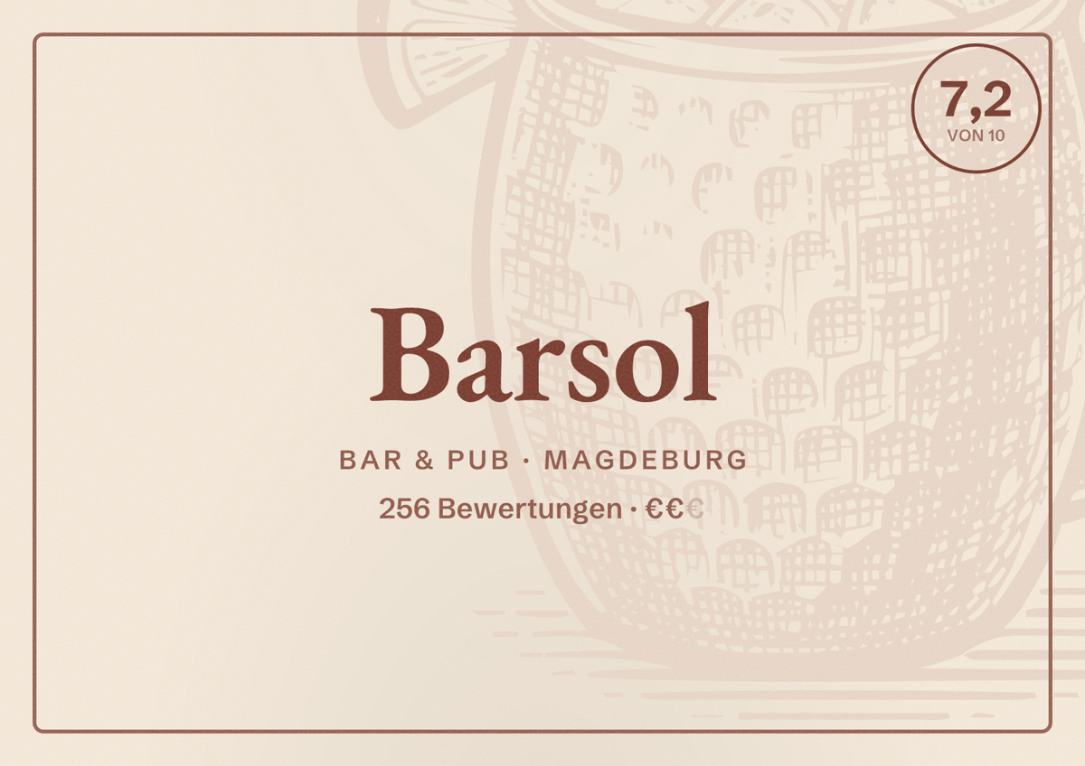 Illustriertes Poster von Barsol, Bar & Pub in Magdeburg: Bewertung 7,2 von 10 aus 256 Bewertungen, Preisniveau €€