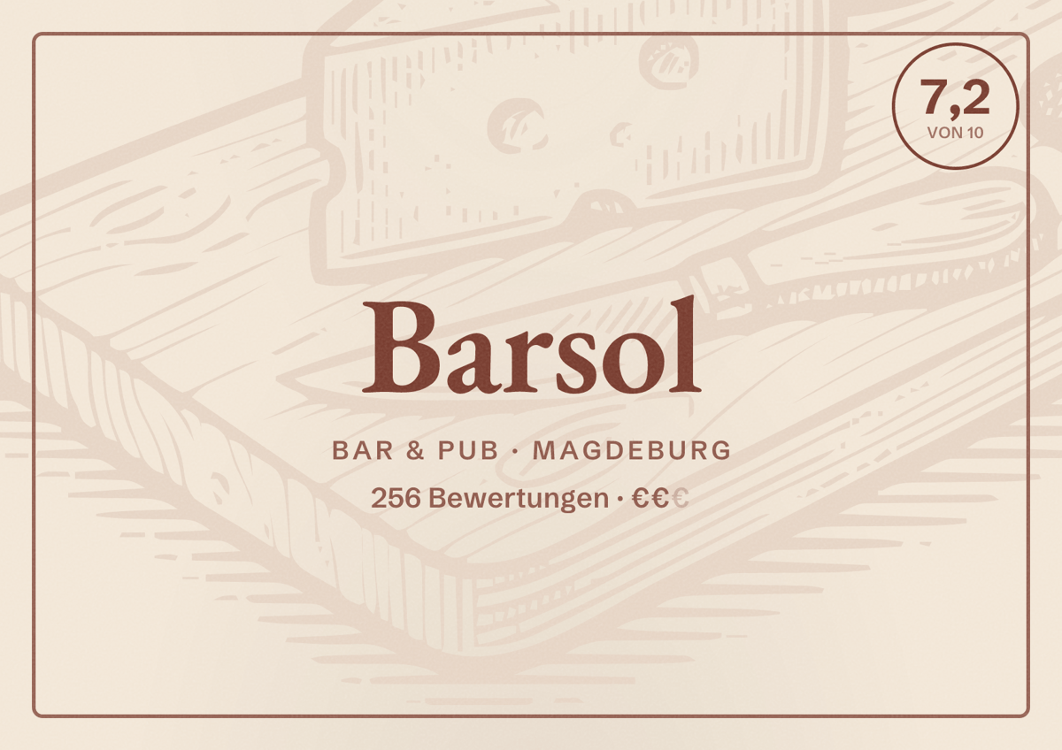 Illustriertes Poster von Barsol, Bar & Pub in Magdeburg: Bewertung 7,2 von 10 aus 256 Bewertungen, Preisniveau €€