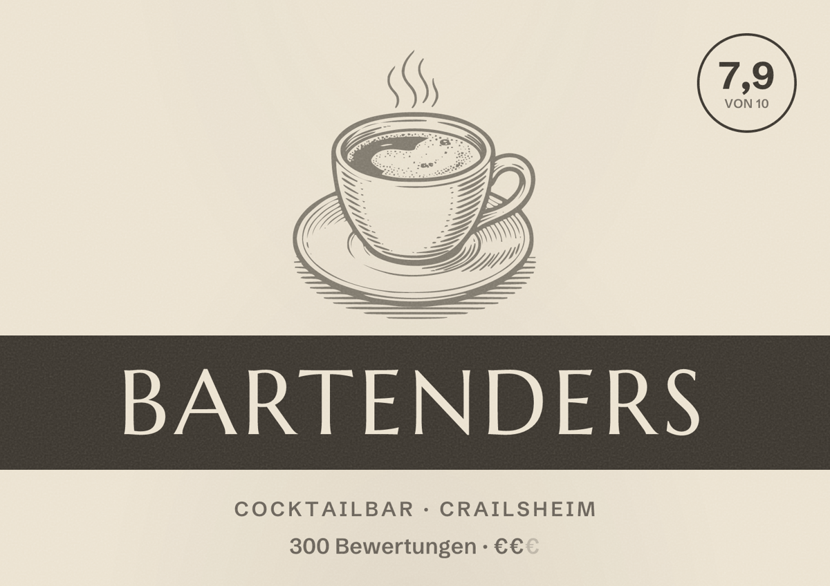 Illustriertes Poster von Bartenders, Cocktailbar in Crailsheim: Bewertung 7,9 von 10 aus 300 Bewertungen, Preisniveau €€