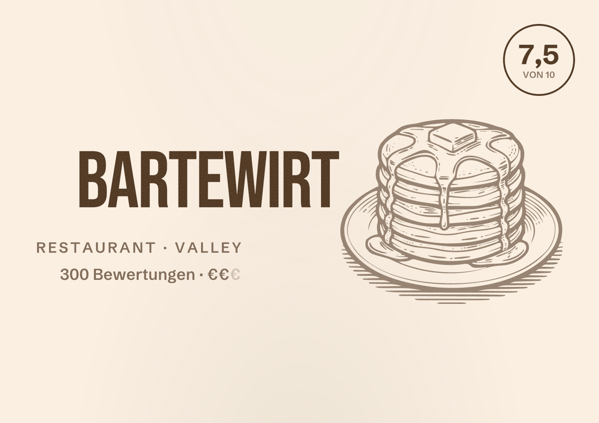 Illustriertes Poster von Bartewirt, Restaurant in Valley: Bewertung 7,5 von 10 aus 300 Bewertungen, Preisniveau €€