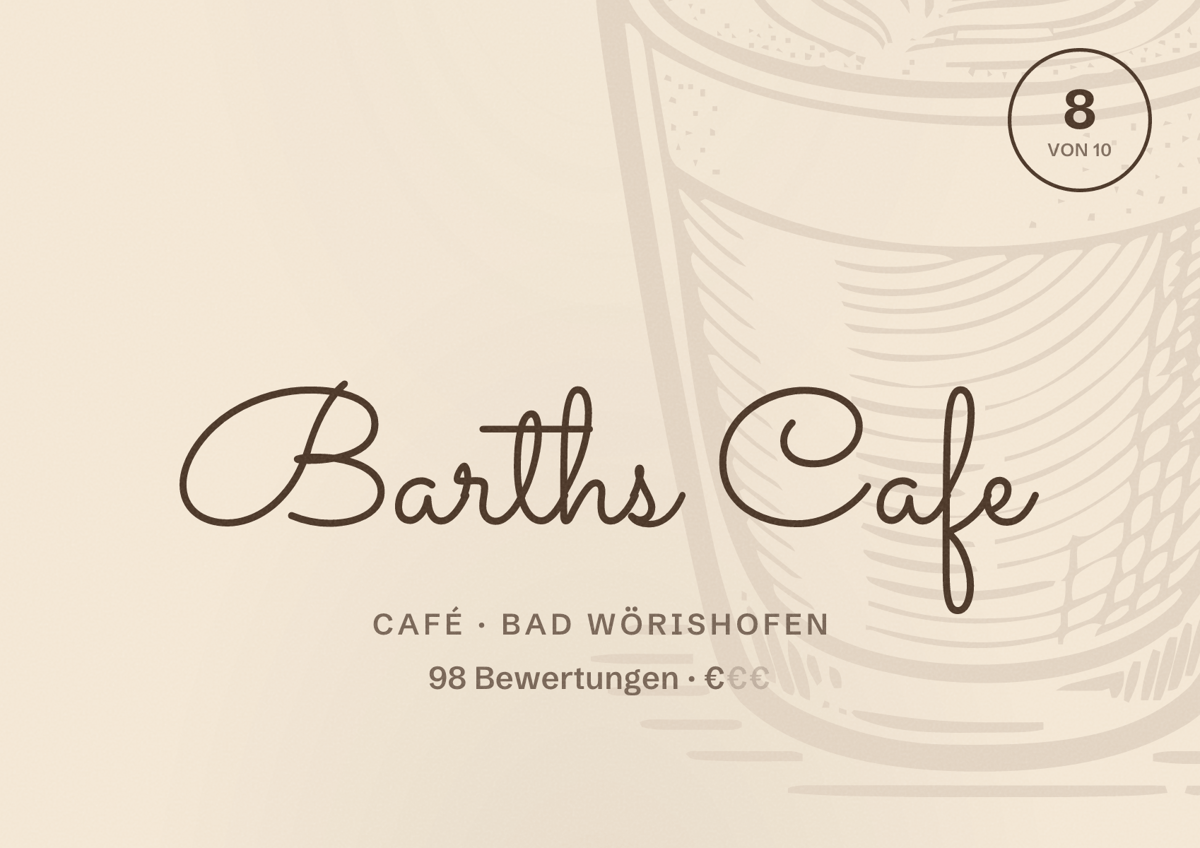 Illustriertes Poster von Barths Cafe, Café in Bad Wörishofen: Bewertung 8 von 10 aus 98 Bewertungen, Preisniveau €
