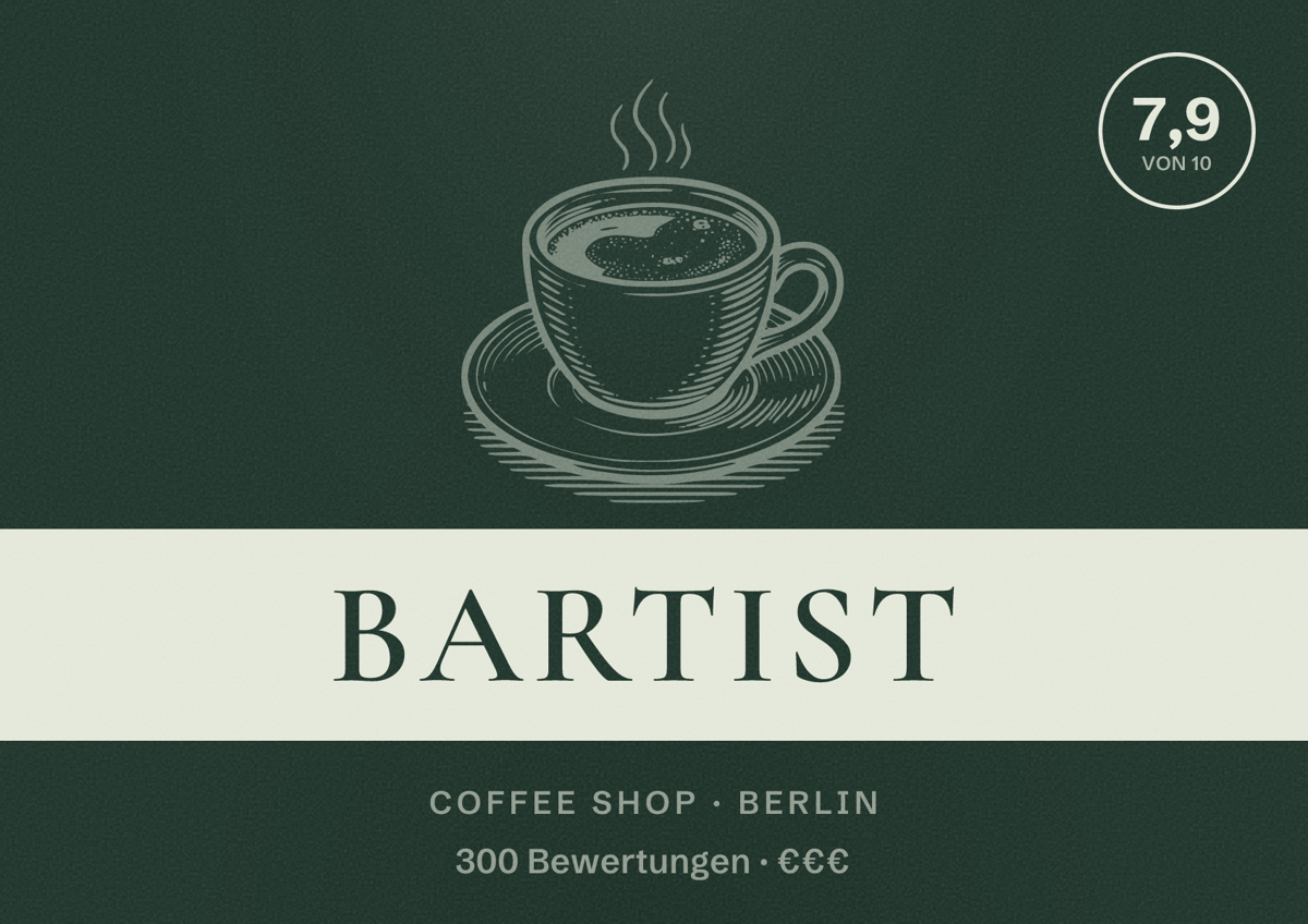 Illustriertes Poster von Bartist, Coffee Shop in Berlin: Bewertung 7,9 von 10 aus 300 Bewertungen, Preisniveau €€€
