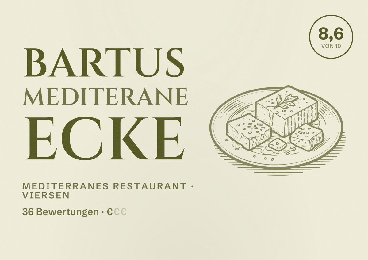 Illustriertes Poster von Bartus Mediterane Ecke, Mediterranes Restaurant in Viersen: Bewertung 8,6 von 10 aus 36 Bewertungen, Preisniveau €