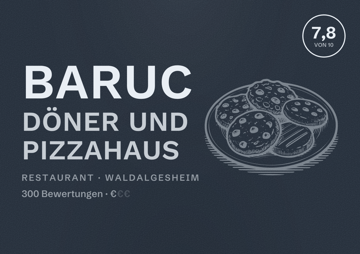 Illustriertes Poster von Baruc Döner und Pizzahaus, Restaurant in Waldalgesheim: Bewertung 7,8 von 10 aus 300 Bewertungen, Preisniveau €