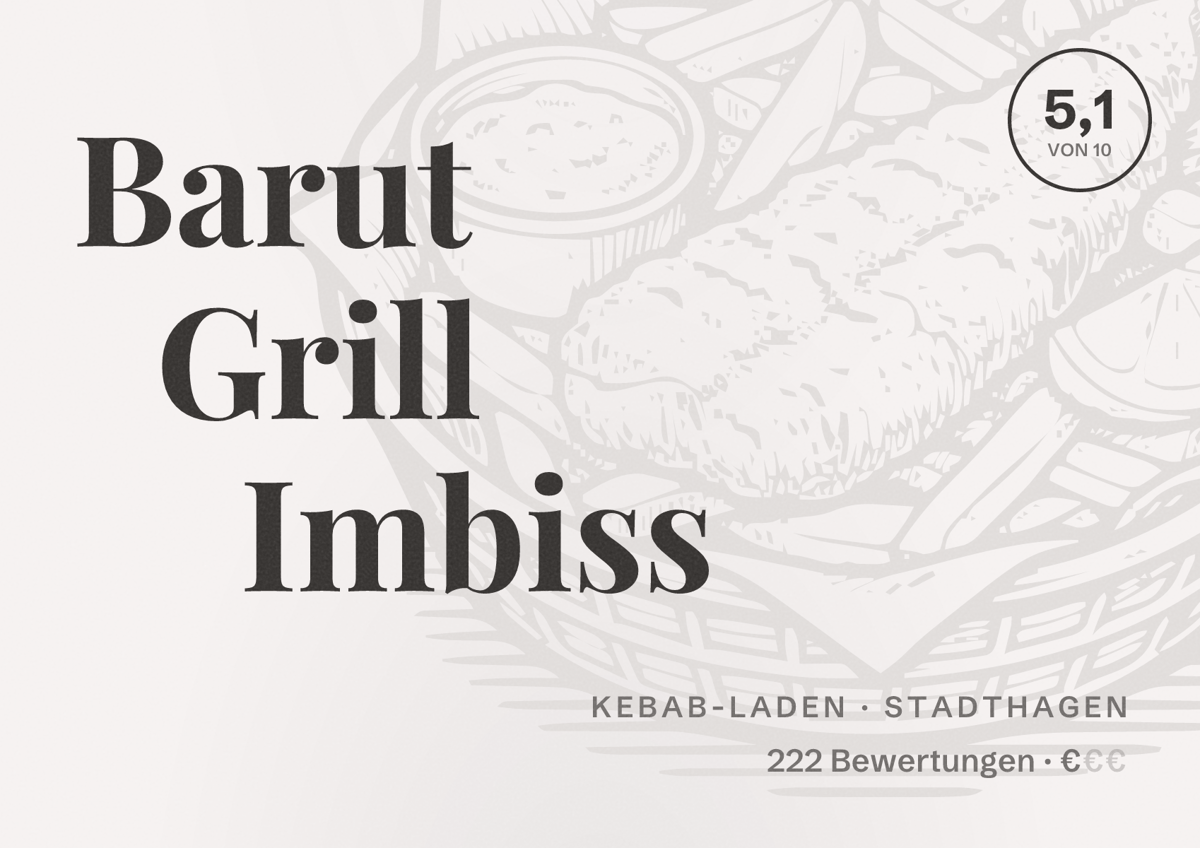 Illustriertes Poster von Barut Grill Imbiss, Kebab-Laden in Stadthagen: Bewertung 5,1 von 10 aus 222 Bewertungen, Preisniveau €