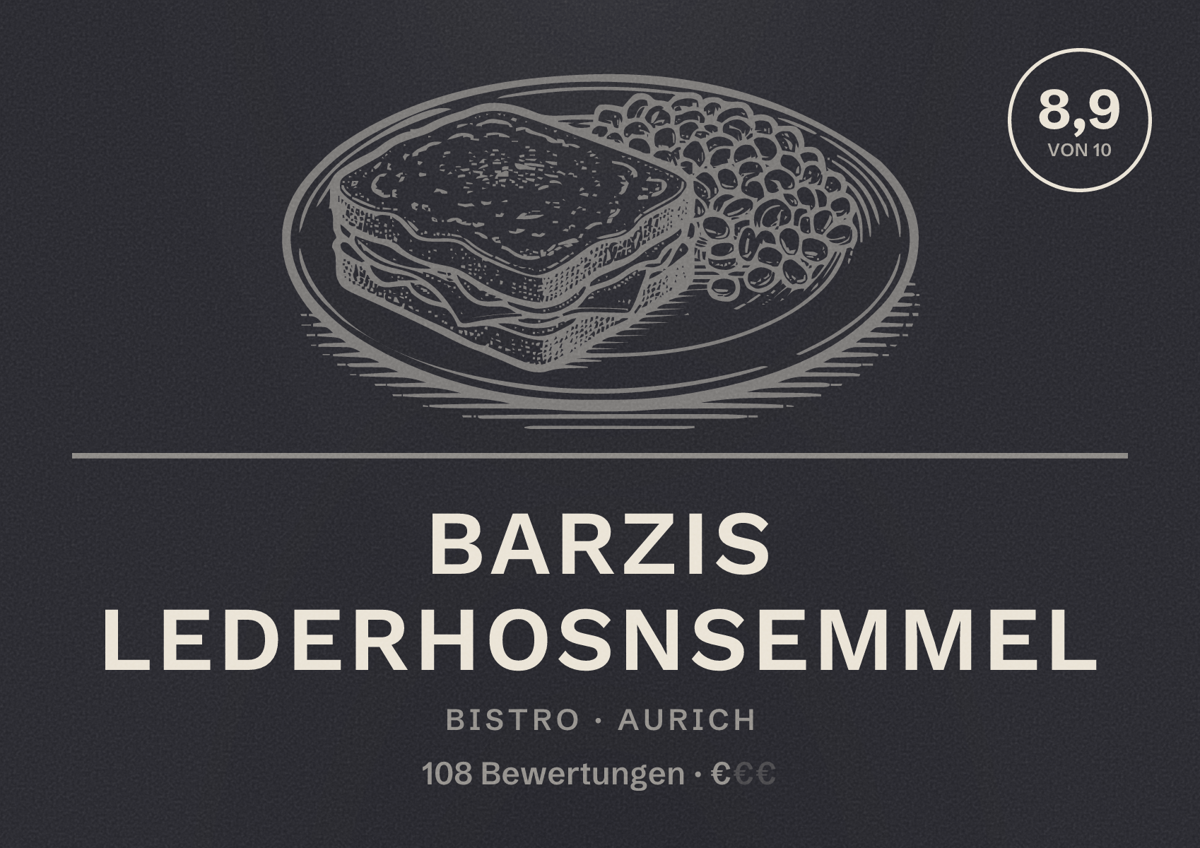 Illustriertes Poster von Barzis Lederhosnsemmel, Bistro in Aurich: Bewertung 8,9 von 10 aus 108 Bewertungen, Preisniveau €