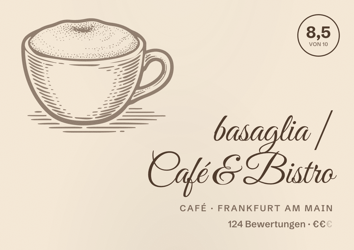 Illustriertes Poster von basaglia | Café & Bistro, Café in Frankfurt am Main: Bewertung 8,5 von 10 aus 124 Bewertungen, Preisniveau €€