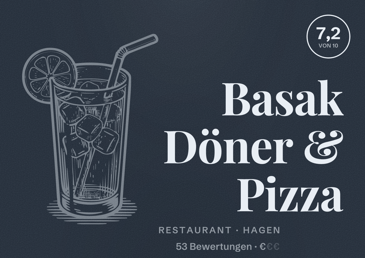 Illustriertes Poster von Basak Döner & Pizza, Restaurant in Hagen: Bewertung 7,2 von 10 aus 53 Bewertungen, Preisniveau €