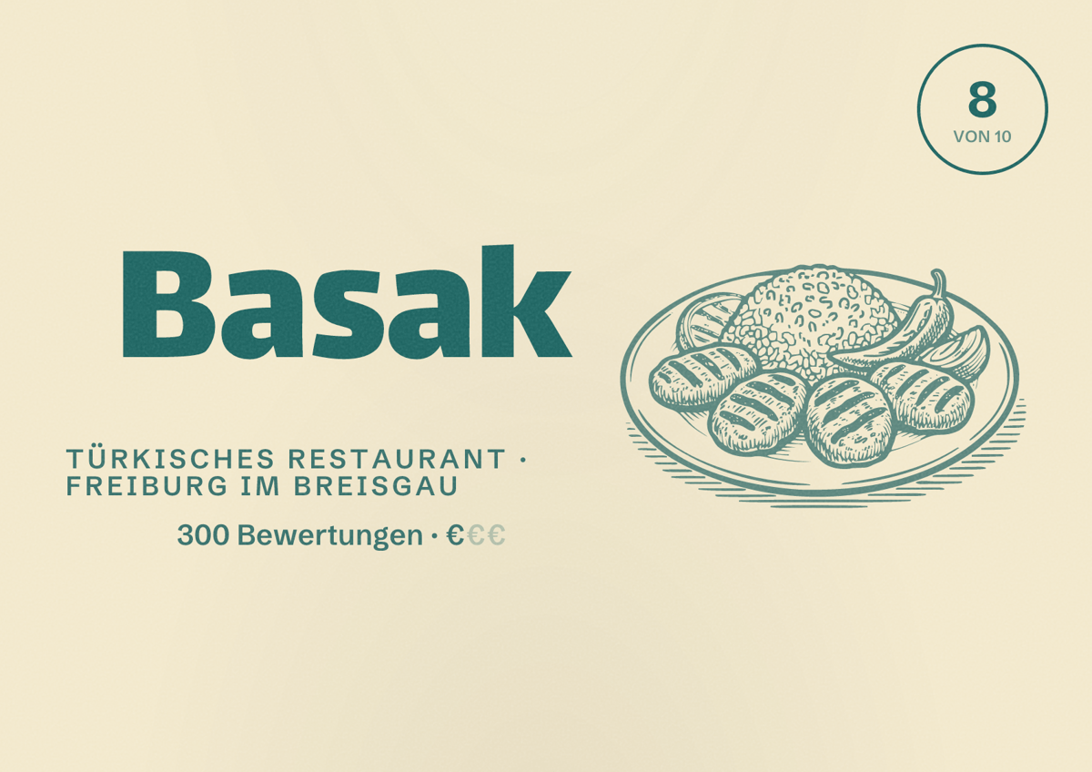 Illustriertes Poster von Basak, Türkisches Restaurant in Freiburg im Breisgau: Bewertung 8,0 von 10 aus 300 Bewertungen, Preisniveau €