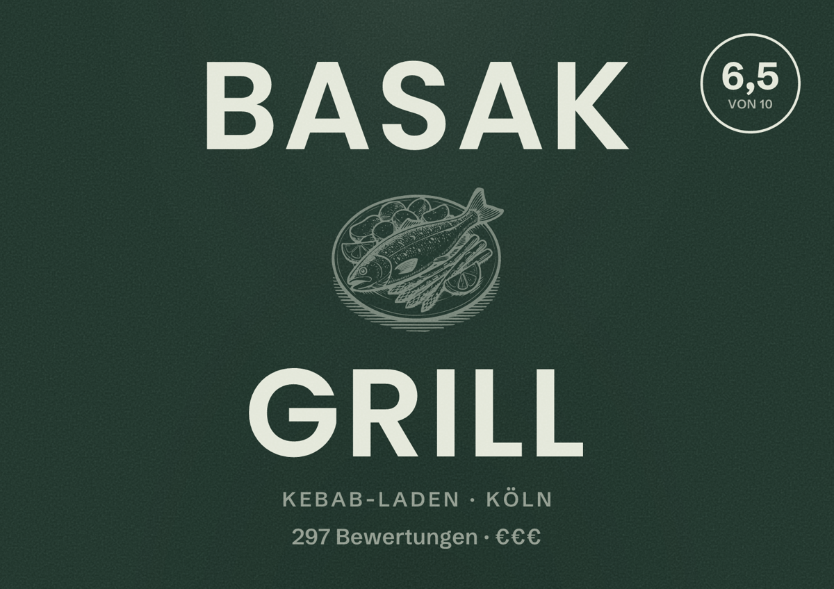 Illustriertes Poster von Basak Grill, Kebab-Laden in Köln: Bewertung 6,5 von 10 aus 297 Bewertungen, Preisniveau €€€