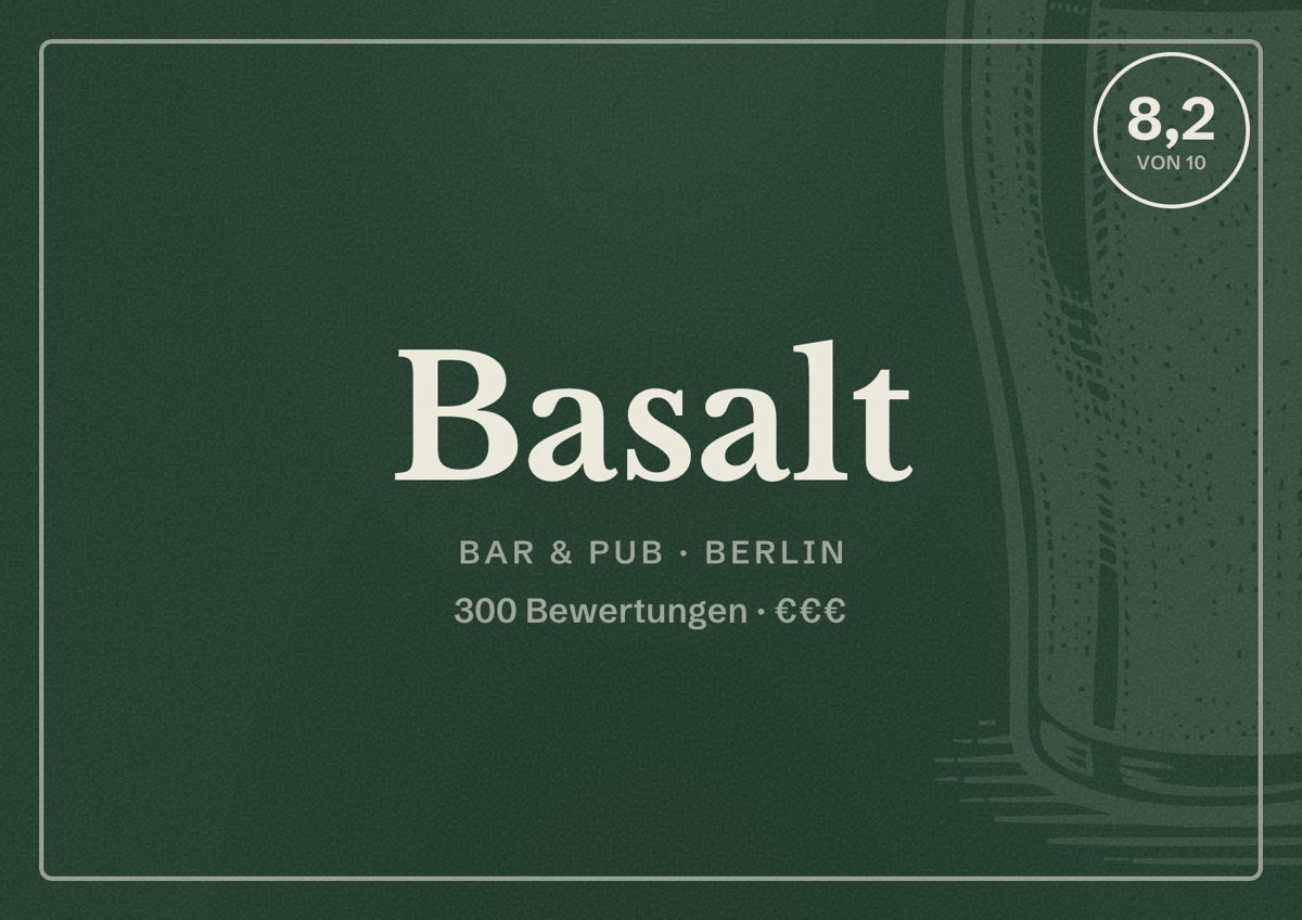 Illustriertes Poster von Basalt, Bar & Pub in Berlin: Bewertung 8,2 von 10 aus 300 Bewertungen, Preisniveau €€€