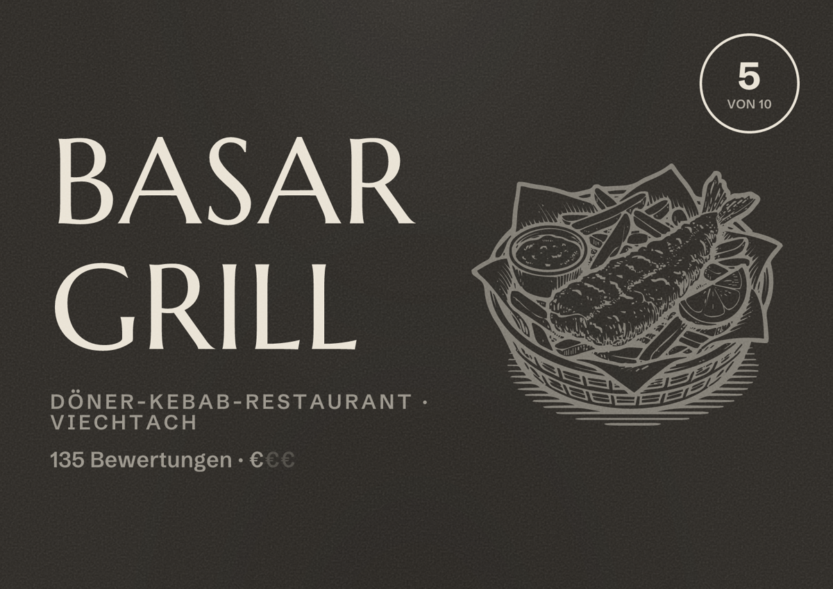 Illustriertes Poster von Basar Grill, Döner-Kebab-Restaurant in Viechtach: Bewertung 5 von 10 aus 135 Bewertungen, Preisniveau €