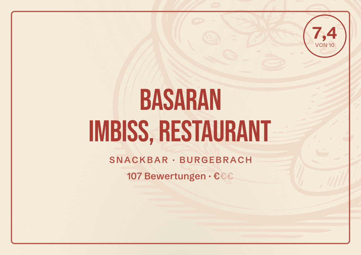 Illustriertes Poster von BASARAN Imbiss, Restaurant, Snackbar in Burgebrach: Bewertung 7,4 von 10 aus 107 Bewertungen, Preisniveau €