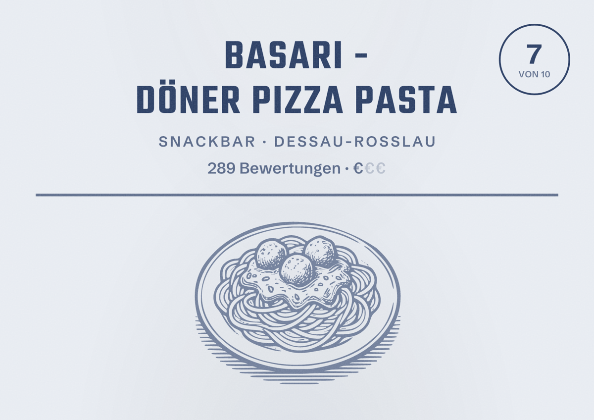 Illustriertes Poster von Basari - Döner Pizza Pasta, Snackbar in Dessau-Roßlau: Bewertung 7 von 10 aus 289 Bewertungen, Preisniveau €