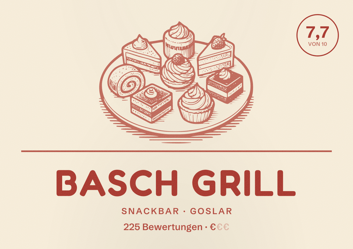 Illustriertes Poster von Basch Grill, Snackbar in Goslar: Bewertung 7,7 von 10 aus 225 Bewertungen, Preisniveau €