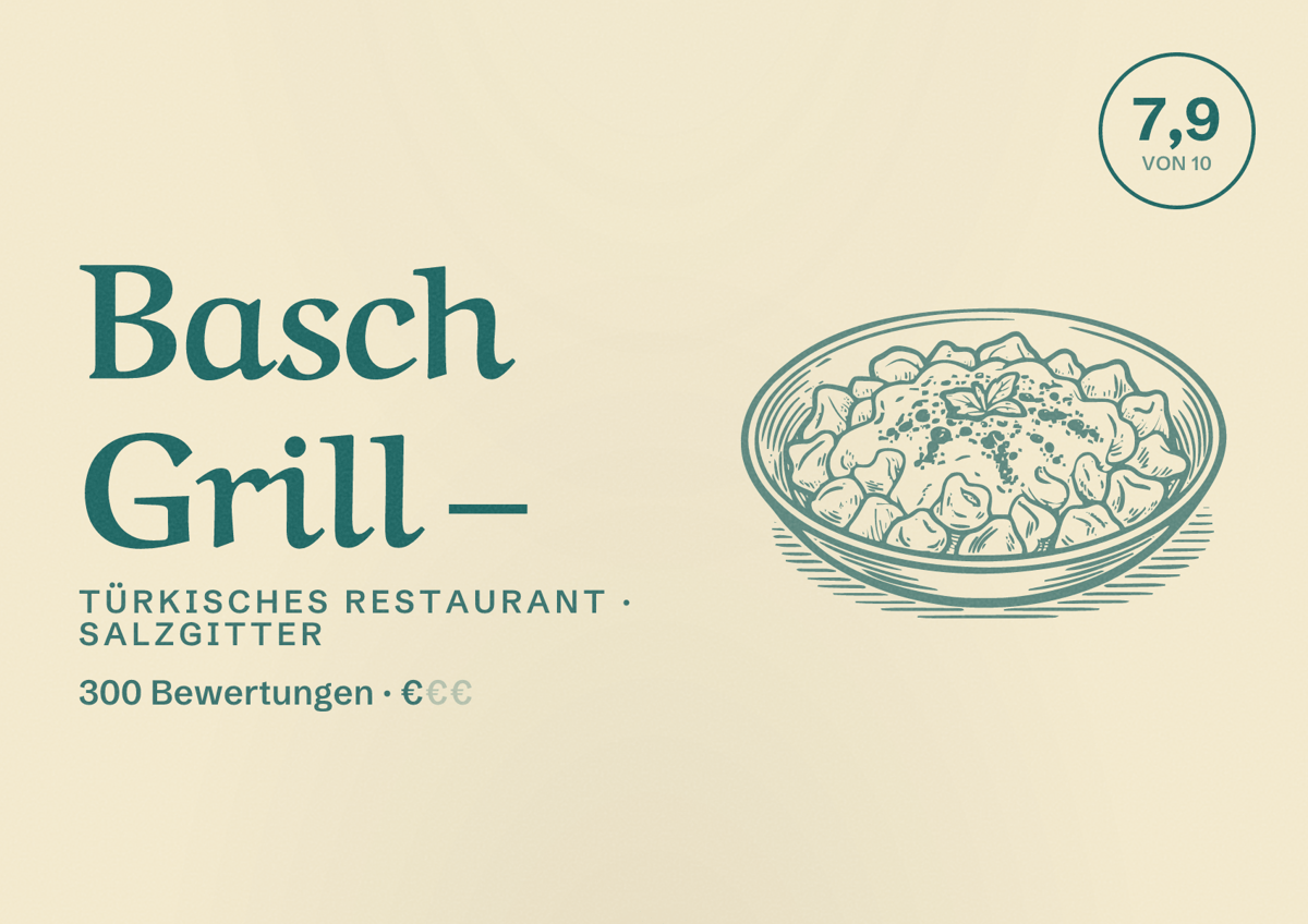 Illustriertes Poster von Basch Grill –, Türkisches Restaurant in Salzgitter: Bewertung 7,9 von 10 aus 300 Bewertungen, Preisniveau €
