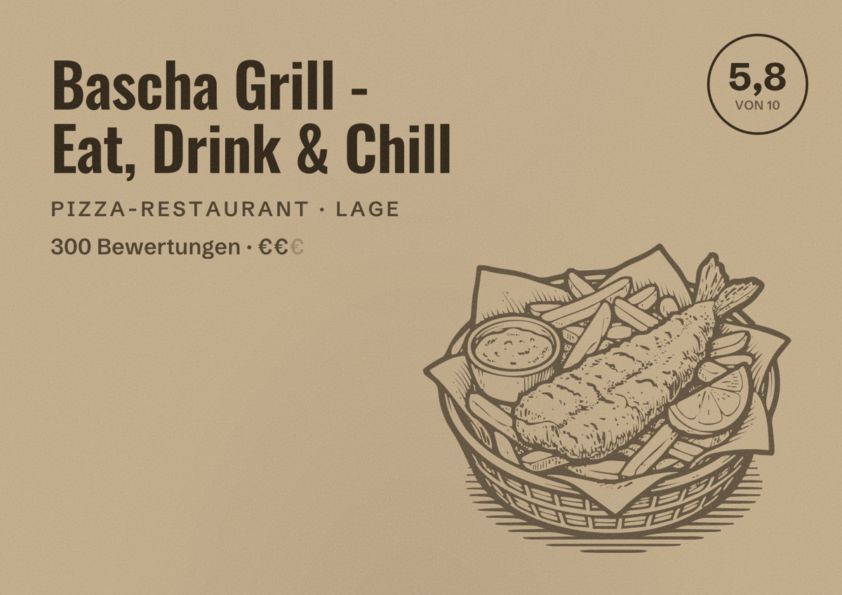 Illustriertes Poster von Bascha Grill - Eat, Drink & Chill, Pizza-Restaurant in Lage: Bewertung 5,8 von 10 aus 300 Bewertungen, Preisniveau €€