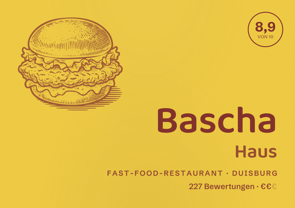 Illustriertes Poster von Bascha Haus, Fast-Food-Restaurant in Duisburg: Bewertung 8,9 von 10 aus 227 Bewertungen, Preisniveau €€