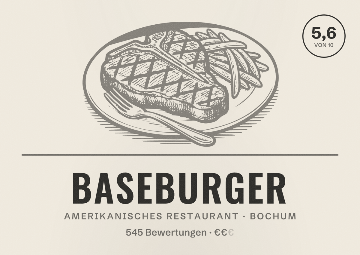 Illustriertes Poster von BASEBURGER, Amerikanisches Restaurant in Bochum: Bewertung 5,6 von 10 aus 545 Bewertungen, Preisniveau €€