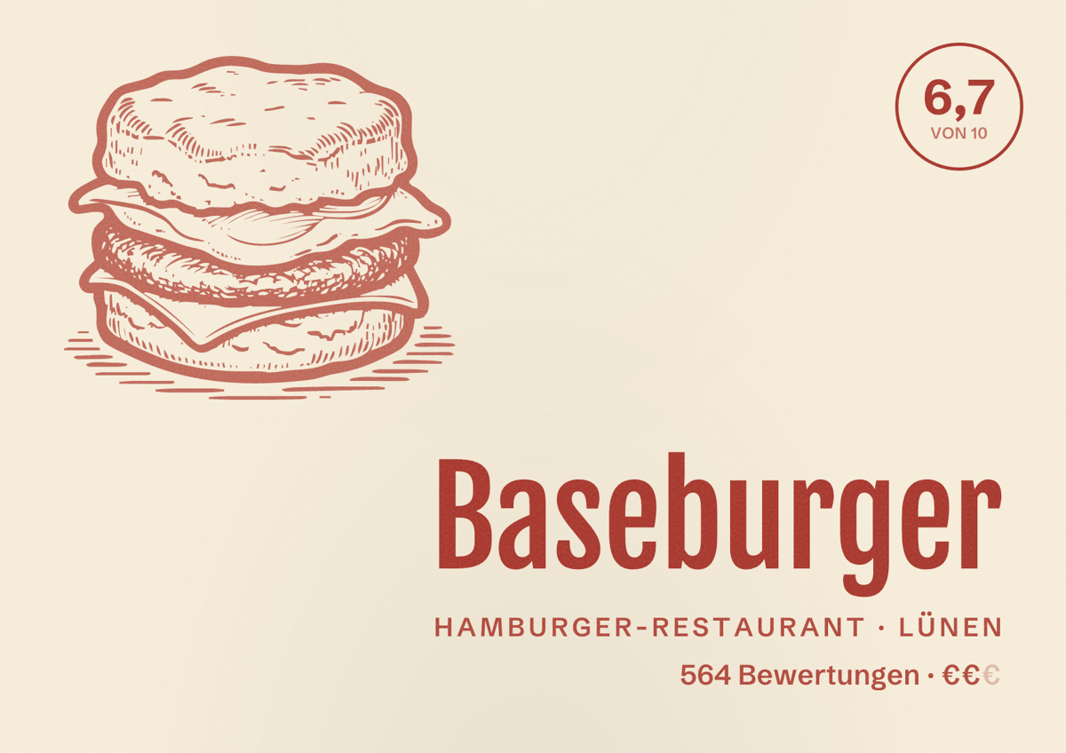 Illustriertes Poster von Baseburger, Hamburger-Restaurant in Lünen: Bewertung 6,7 von 10 aus 564 Bewertungen, Preisniveau €€