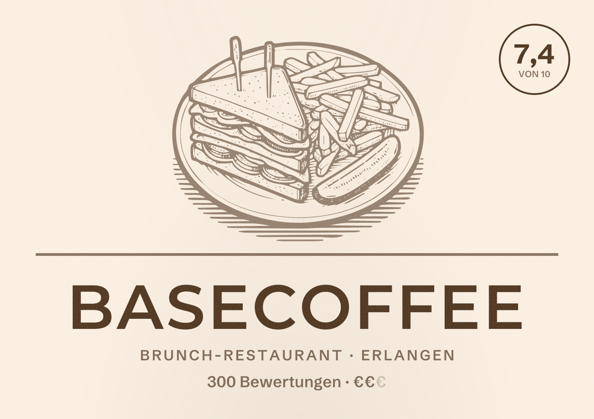 Illustriertes Poster von BASECOFFEE, Brunch-Restaurant in Erlangen: Bewertung 7,4 von 10 aus 300 Bewertungen, Preisniveau €€