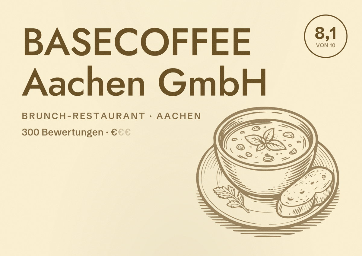 Illustriertes Poster von BASECOFFEE Aachen GmbH, Brunch-Restaurant in Aachen: Bewertung 8,1 von 10 aus 300 Bewertungen, Preisniveau €