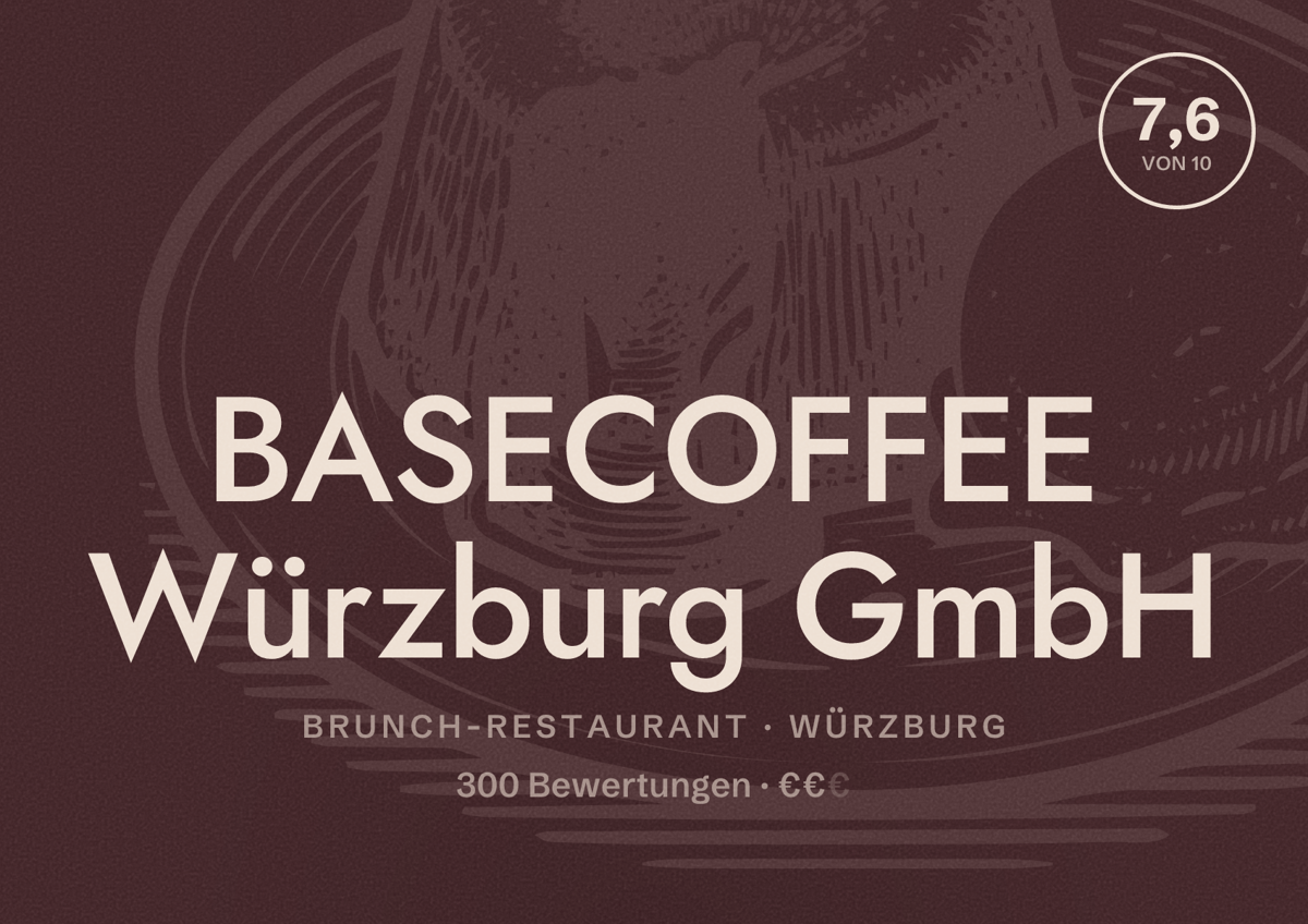 Illustriertes Poster von BASECOFFEE Würzburg GmbH, Brunch-Restaurant in Würzburg: Bewertung 7,6 von 10 aus 300 Bewertungen, Preisniveau €€