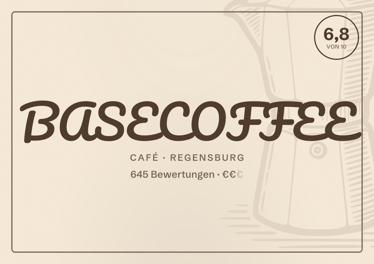 Illustriertes Poster von BASECOFFEE, Café in Regensburg: Bewertung 6,8 von 10 aus 645 Bewertungen, Preisniveau €€