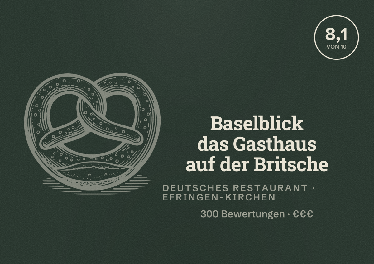 Illustriertes Poster von Baselblick das Gasthaus auf der Britsche, Deutsches Restaurant in Efringen-Kirchen: Bewertung 8,1 von 10 aus 300 Bewertungen, Preisniveau €€€