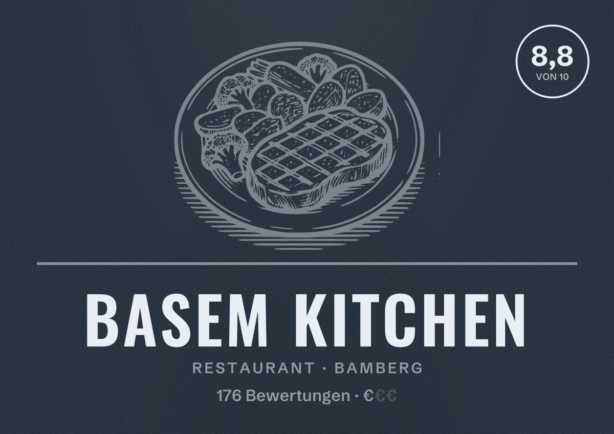 Illustriertes Poster von Basem kitchen, Restaurant in Bamberg: Bewertung 8,8 von 10 aus 176 Bewertungen, Preisniveau €