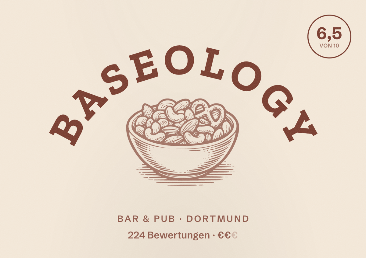 Illustriertes Poster von Baseology, Bar & Pub in Dortmund: Bewertung 6,5 von 10 aus 224 Bewertungen, Preisniveau €€