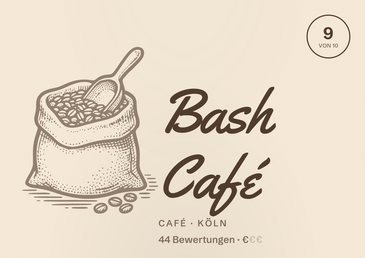 Illustriertes Poster von Bash Café, Café in Köln: Bewertung 9,0 von 10 aus 44 Bewertungen, Preisniveau €