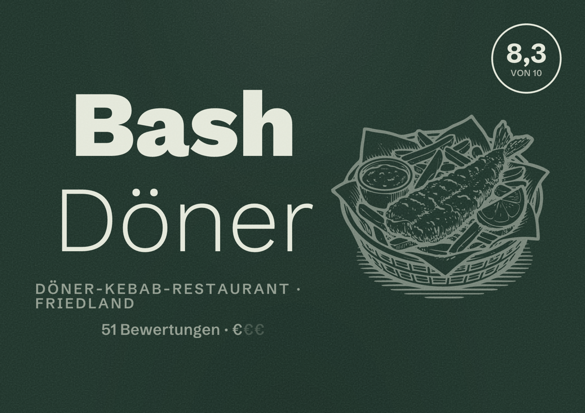 Illustriertes Poster von Bash Döner, Döner-Kebab-Restaurant in Friedland: Bewertung 8,3 von 10 aus 51 Bewertungen, Preisniveau €