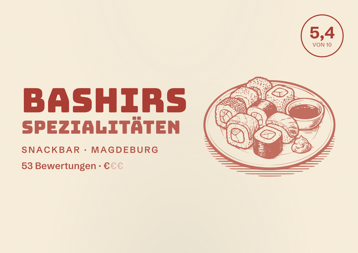 Illustriertes Poster von Bashirs Spezialitäten, Snackbar in Magdeburg: Bewertung 5,4 von 10 aus 53 Bewertungen, Preisniveau €