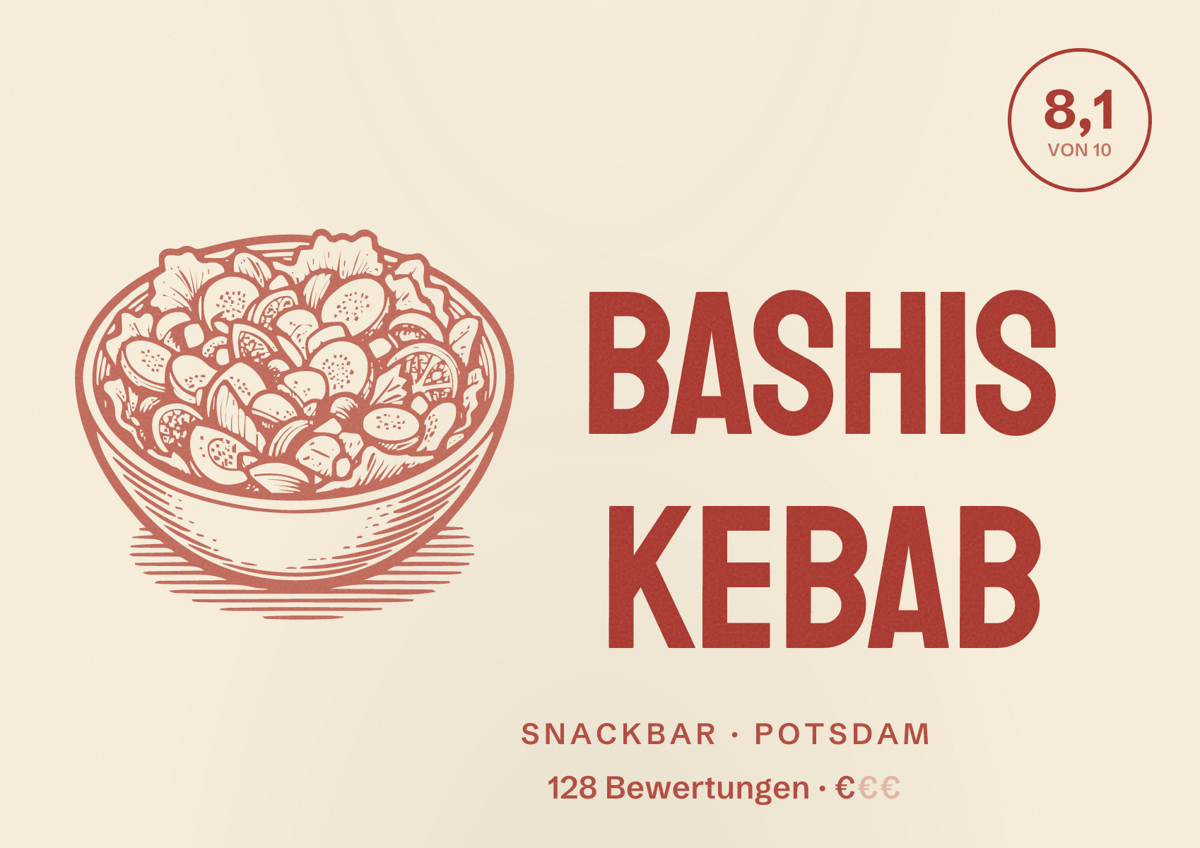 Illustriertes Poster von BASHIS KEBAB, Snackbar in Potsdam: Bewertung 8,1 von 10 aus 128 Bewertungen, Preisniveau €