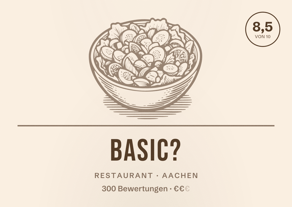 Illustriertes Poster von Basic?, Restaurant in Aachen: Bewertung 8,5 von 10 aus 300 Bewertungen, Preisniveau €€