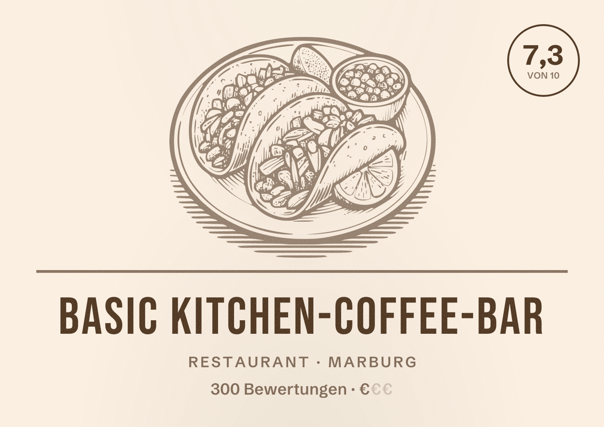 Illustriertes Poster von Basic Kitchen-Coffee-Bar, Restaurant in Marburg: Bewertung 7,3 von 10 aus 300 Bewertungen, Preisniveau €