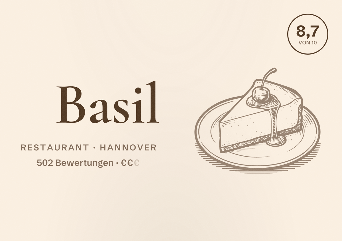 Illustriertes Poster von Basil, Restaurant in Hannover: Bewertung 8,7 von 10 aus 502 Bewertungen, Preisniveau €€
