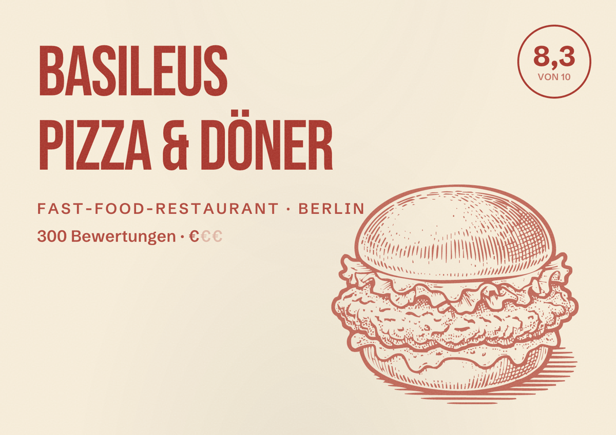 Illustriertes Poster von Basileus Pizza & Döner, Fast-Food-Restaurant in Berlin: Bewertung 8,3 von 10 aus 300 Bewertungen, Preisniveau €