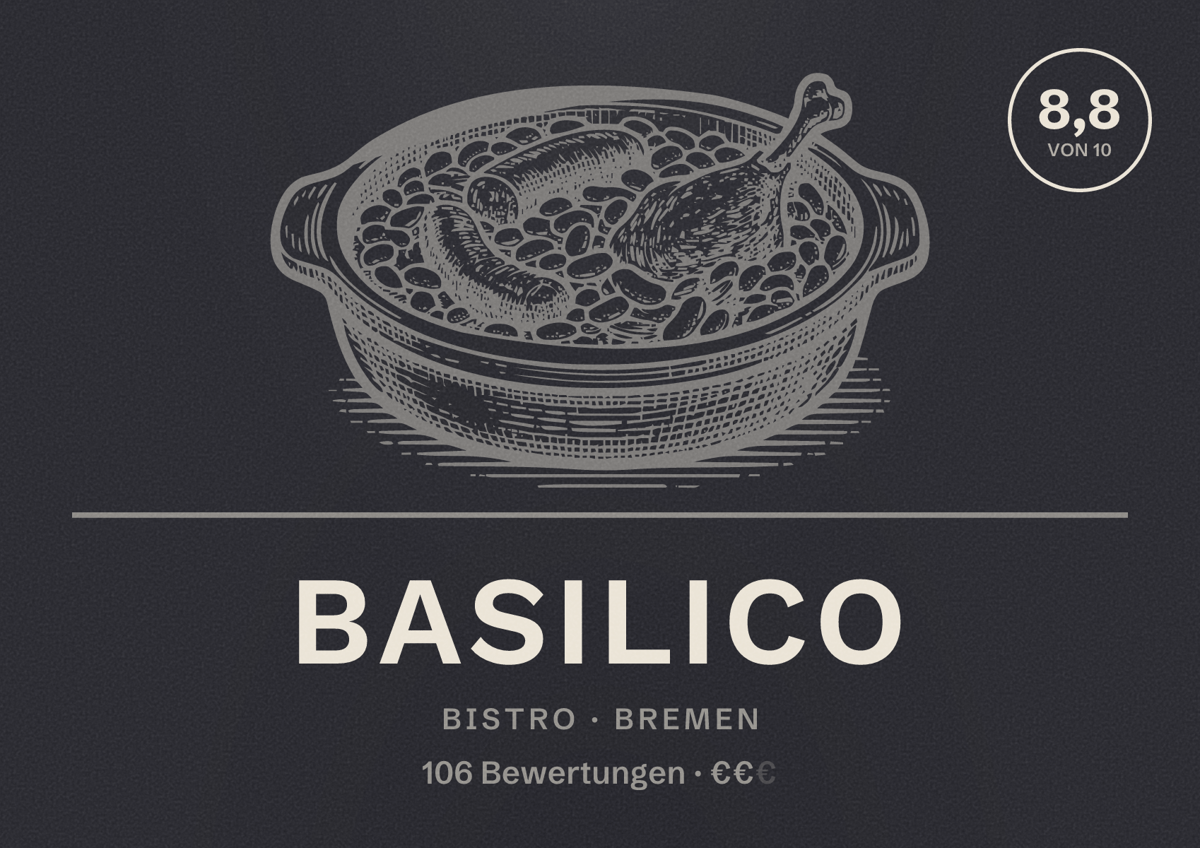 Illustriertes Poster von Basilico, Bistro in Bremen: Bewertung 8,8 von 10 aus 106 Bewertungen, Preisniveau €€