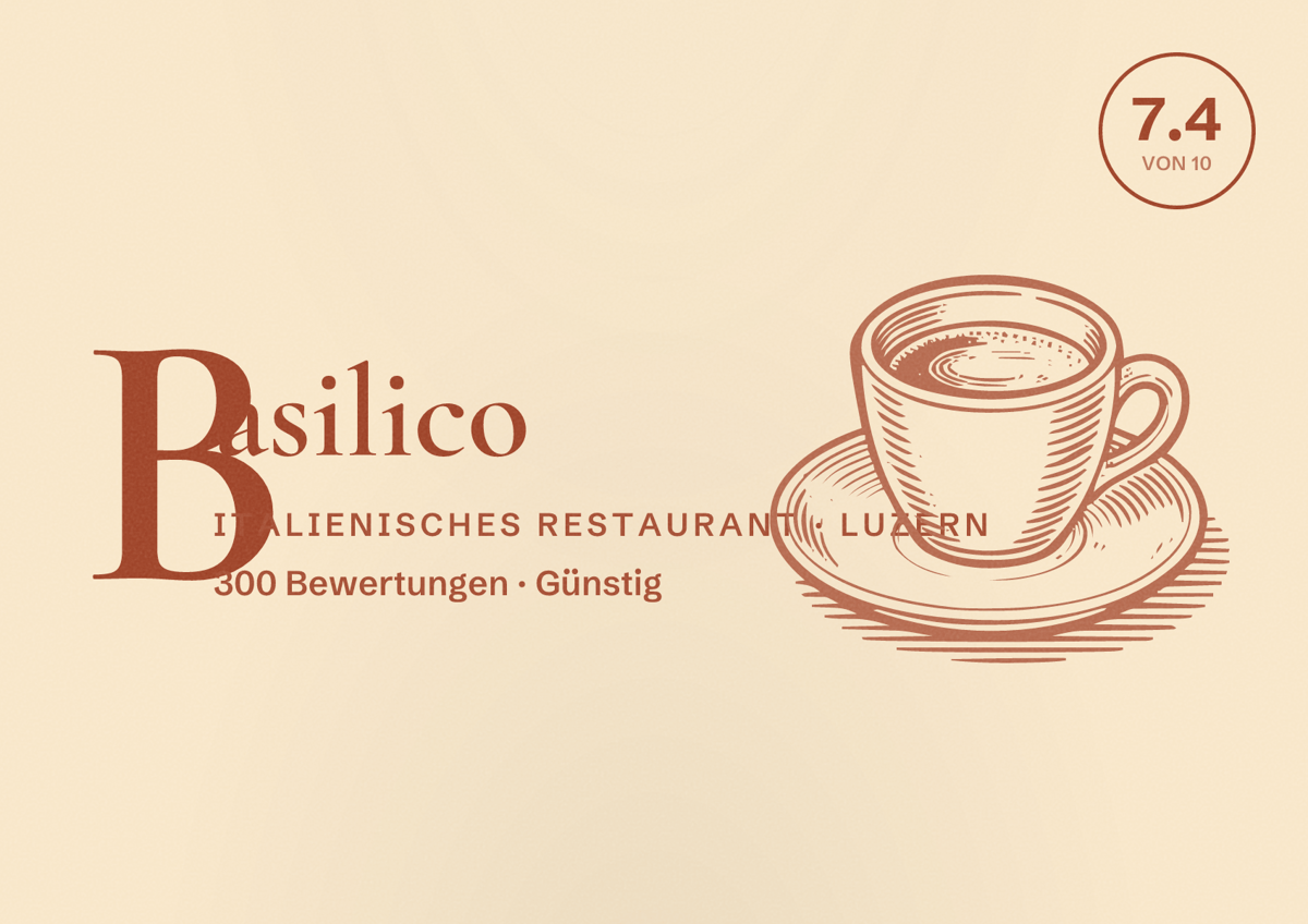 Illustriertes Poster von Basilico, Italienisches Restaurant in Luzern: Bewertung 7.4 von 10 aus 300 Bewertungen, Preisniveau Günstig