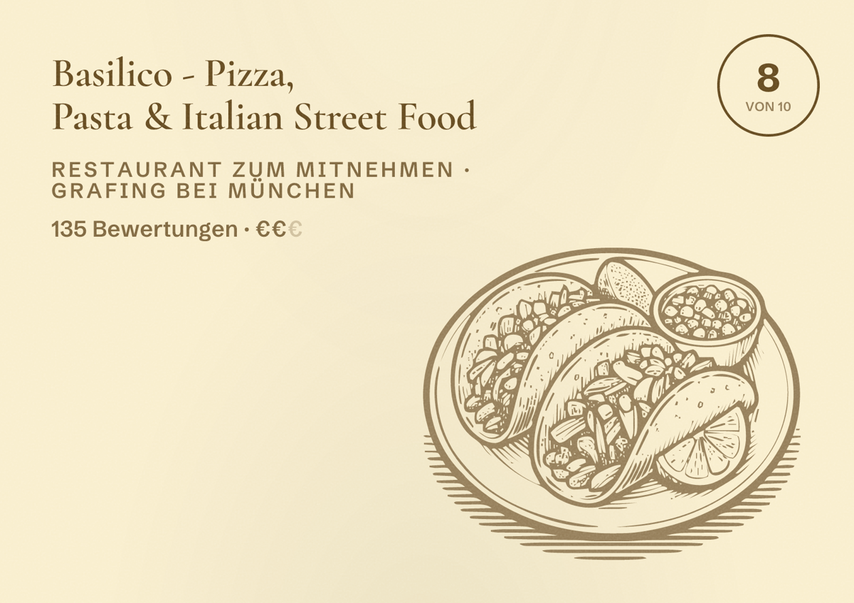Illustriertes Poster von Basilico - Pizza, Pasta & Italian Street Food, Restaurant zum Mitnehmen in Grafing bei München: Bewertung 8 von 10 aus 135 Bewertungen, Preisniveau €€