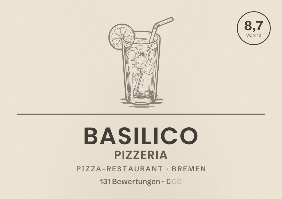 Illustriertes Poster von Basilico Pizzeria, Pizza-Restaurant in Bremen: Bewertung 8,7 von 10 aus 131 Bewertungen, Preisniveau €