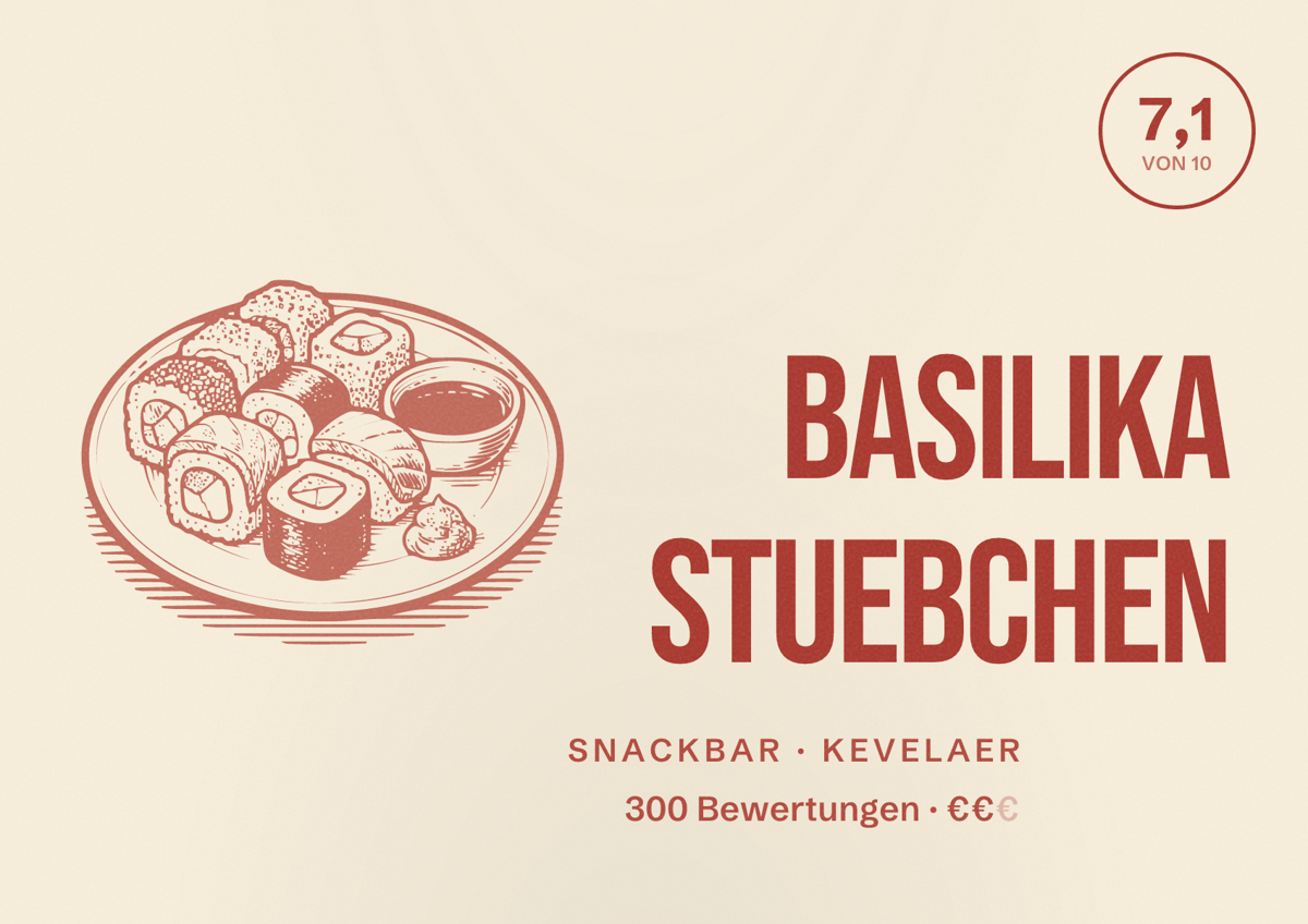 Illustriertes Poster von Basilika Stuebchen, Snackbar in Kevelaer: Bewertung 7,1 von 10 aus 300 Bewertungen, Preisniveau €€