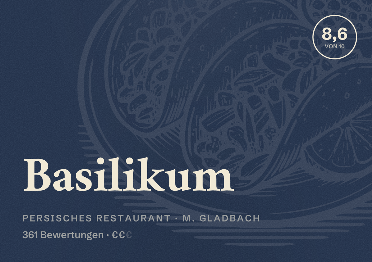 Illustriertes Poster von Basilikum, Persisches Restaurant in M. Gladbach: Bewertung 8,6 von 10 aus 361 Bewertungen, Preisniveau €€