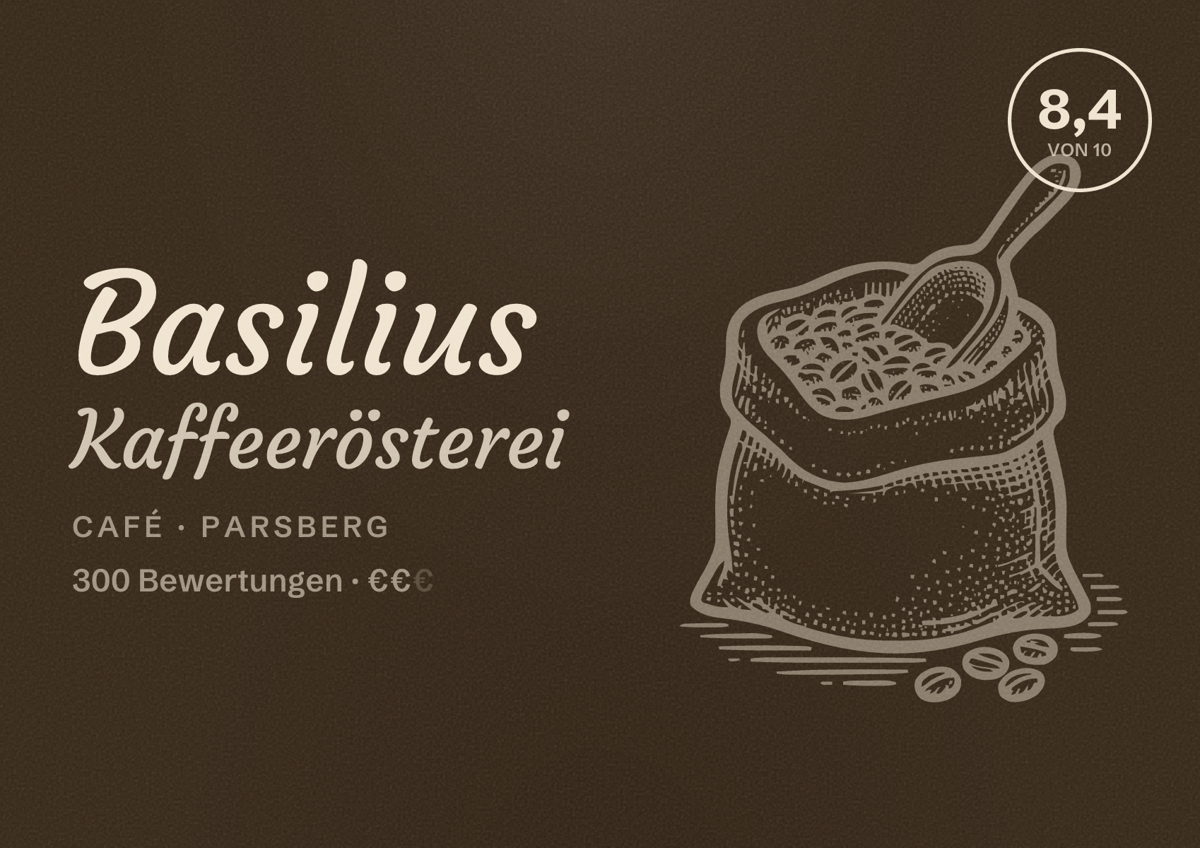 Illustriertes Poster von Basilius Kaffeerösterei, Café in Parsberg: Bewertung 8,4 von 10 aus 300 Bewertungen, Preisniveau €€