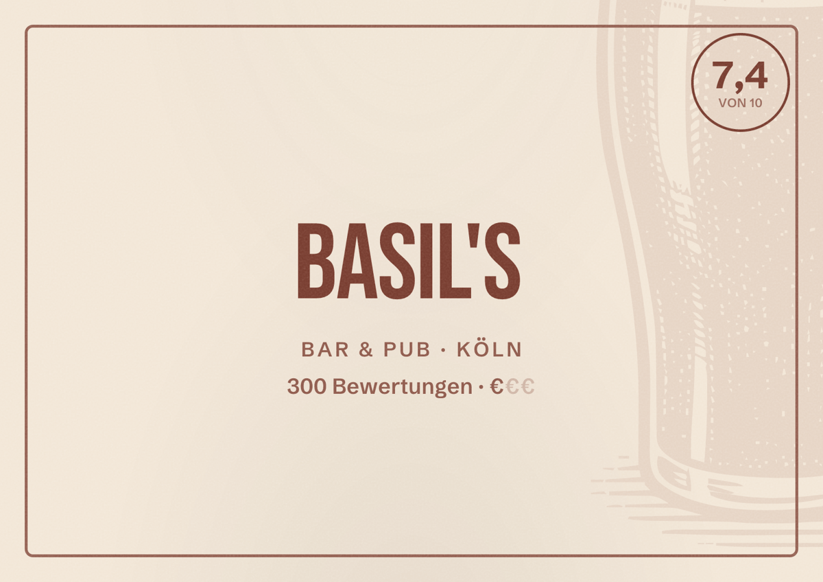 Illustriertes Poster von Basil's, Bar & Pub in Köln: Bewertung 7,4 von 10 aus 300 Bewertungen, Preisniveau €