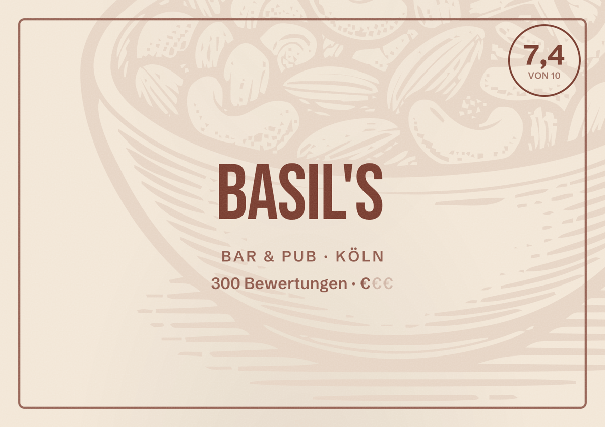 Illustriertes Poster von Basil's, Bar & Pub in Köln: Bewertung 7,4 von 10 aus 300 Bewertungen, Preisniveau €